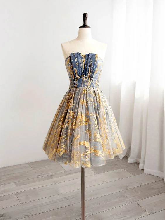 A-Line Gold/Blue Lace Short Prom Dress, Cute Homecoming Dress with Beading       S3201