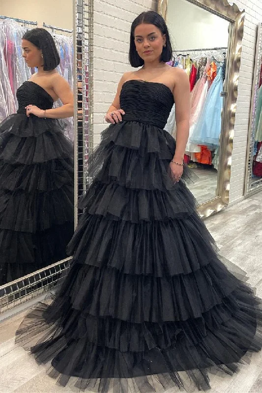 A-line Strapless Pleated Multi-Layers Tulle Long Prom Dress     S3226