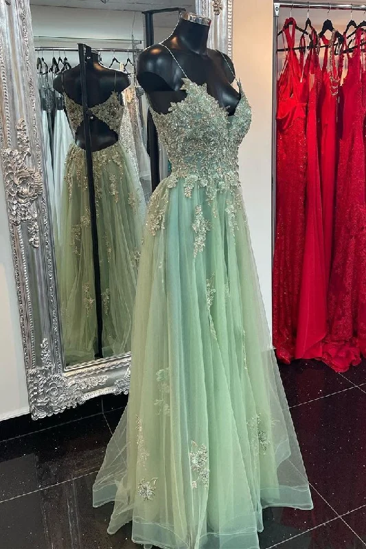 V Neck Straps Beaded Appliques Keyhole Long Prom Dress with Slit       S3204