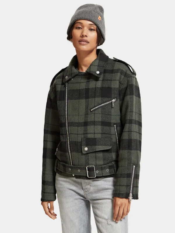 Green check biker jacket