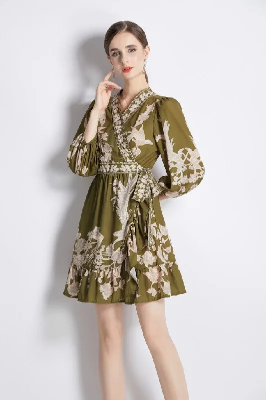 Limited Stock Available!Army green Day A-line V-neck 3/4 Sleeves Short Dress