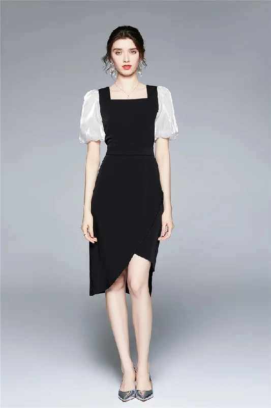 Get More for Less!Black & White Office Fitted Squareneck Short Sleeve Above Knee Dress