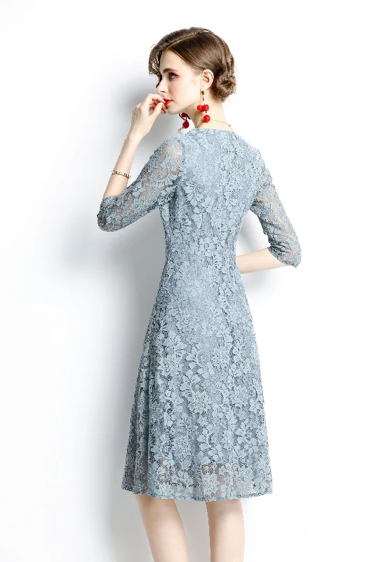 Stock Up and Save!Light blue Evening A-line V-neck Elbow Sleeve Knee Lace Dress