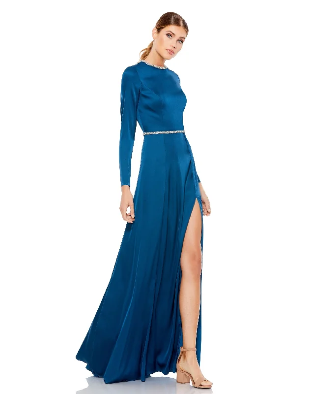 Limited Stock Available!Long Sleeve Jewel Trimmed Charmeuse Gown