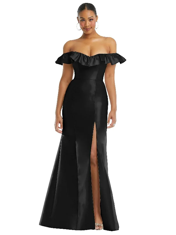 Huge Savings – Act Now!Off-the-Shoulder Ruffle Neck Satin Trumpet Gown