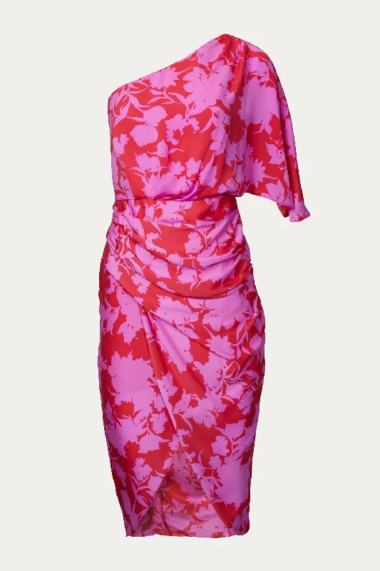 The Best Sale of the Year!One-Shoulder Draped Asymmetric Dress In Berry Multi