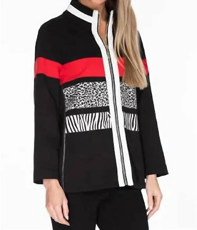 Bigger Savings, Better Shopping!3/4 Sleeve Zip Thru Collar Solid Twill Knit & Print Jersey Knit Jacket In Multicolor