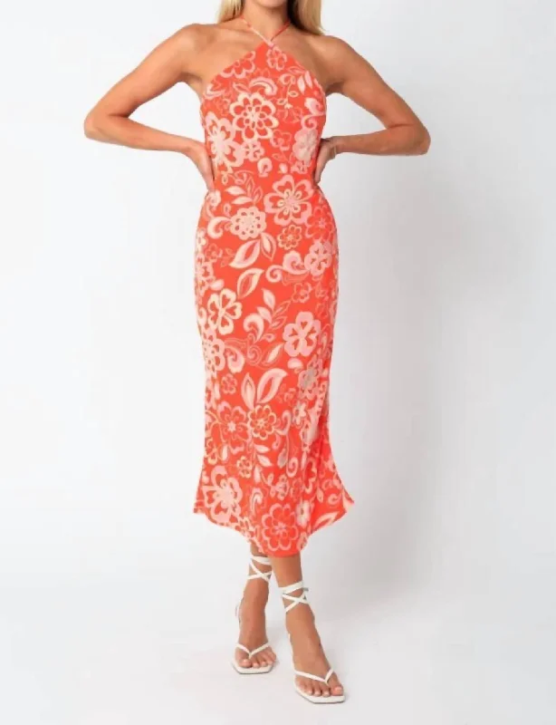 Mega Sale Happening Now!Amara Halter Cutout Midi Dress In Orange Print