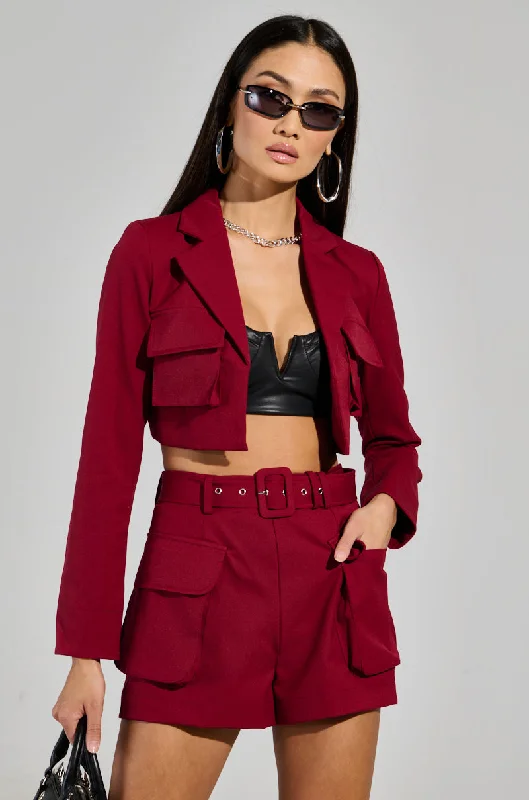 Great Deals, Just for You!BETTER LUCK CROP BLAZER IN BURGUNDY