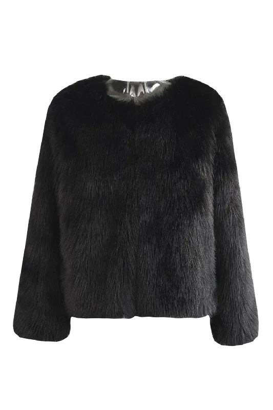 Shop Today, Save Tomorrow!Black Fluffy Round Neck Faux Fur Long Sleeves Coat