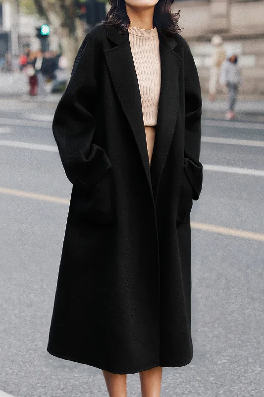 Massive Price Cuts!Black Lapel Neck Belted Wool Coat With Pockets