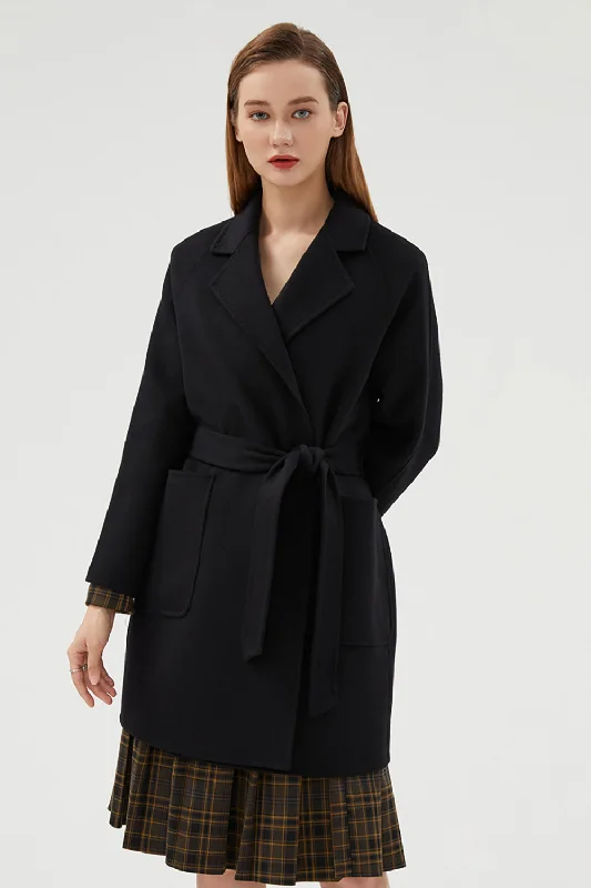 Unlock Huge Savings Now!Black Long Notched Lapel Reversible Wool Coat with Belt
