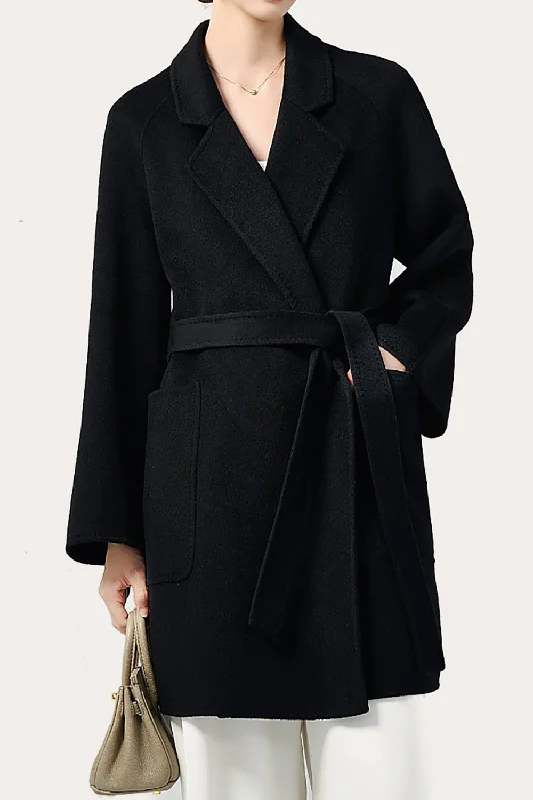 Shop Early, Save Big!Black Notched Lapel Midi Women Wool Coat with Belt
