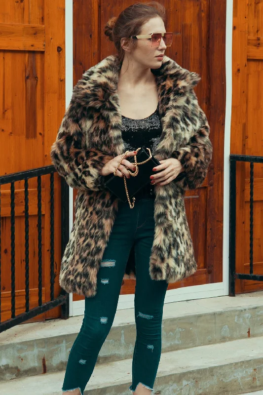 Hurry! While Supplies Last!Brown Leopard Lapel Neck Midi Faux Fur Shearling Coat