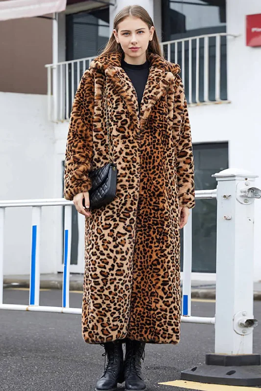Save Up to 50% Off!Brown Leopard Notched Lapel Faux Fur Shearling Coat