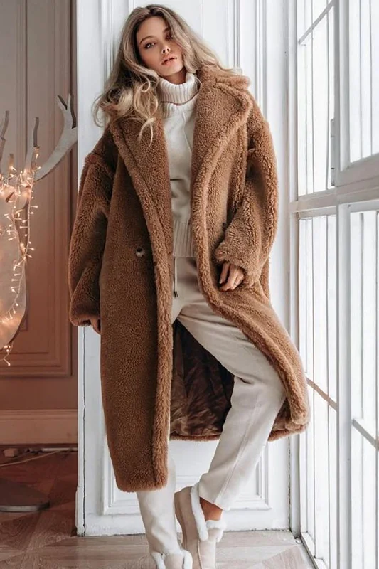 Your Favorite Items on Sale Now!Brown Notched Lapel Long Teddy Wool coat