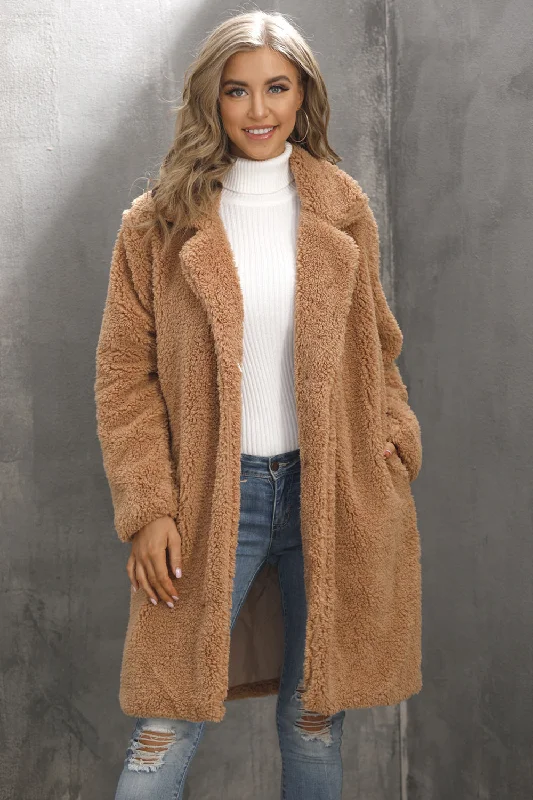Shop the Hottest Deals!Camel Notched Lapel Long Faux Fur Women Coat