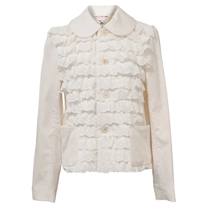 Best Price of the Season!Comme Des Garçons Lace and Ruffle Details Blazer in White Cotton Best Price of the Season!Comme Des Garçons Lace and Ruffle Details Blazer in White Cotton