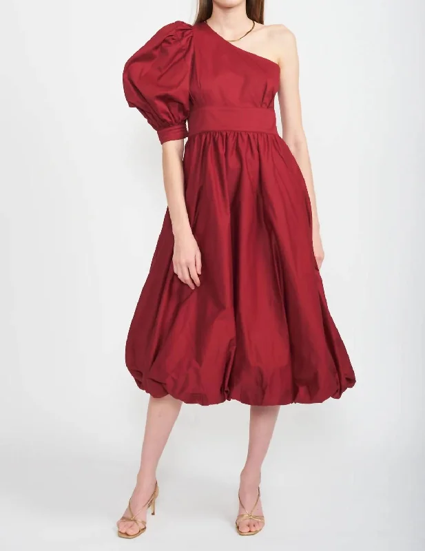 Limited Stock Available!Cotton Poplin One Shoulder Midi Dress In Burgundy