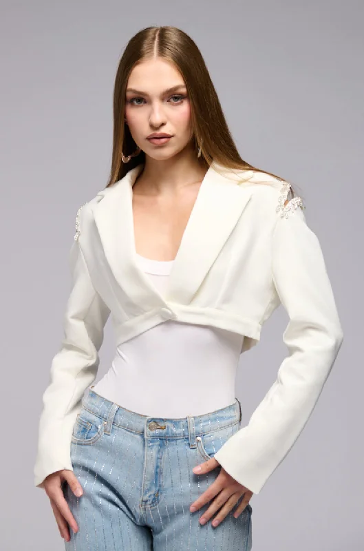 Get More for Less!CROP COLD SHOULDER BLAZER WTIH RHINESTONE