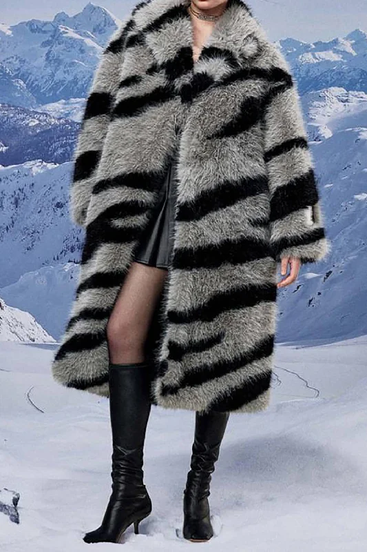 Get Ready to Save!Dark Grey Zebra Pattern Imitation Oversized Long Faux Fur Shearling Coat