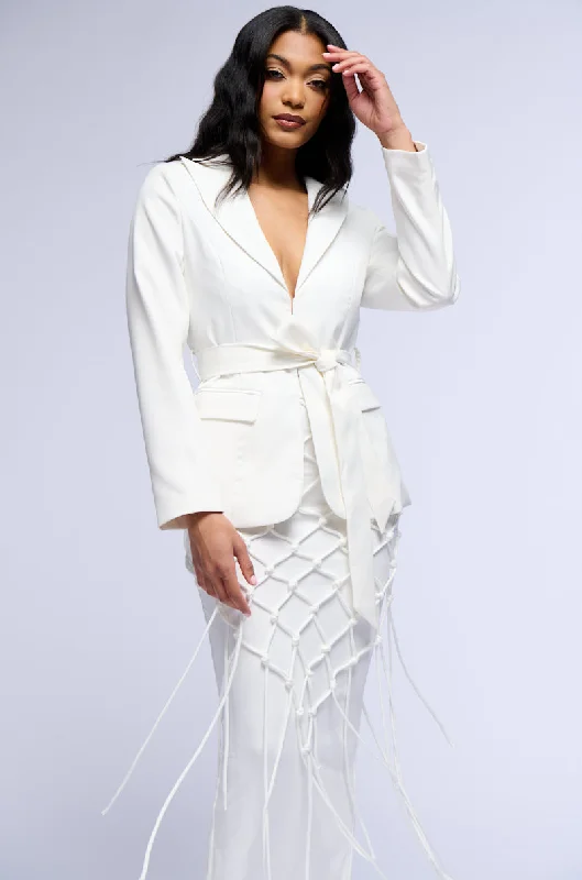 Score Big Savings Today!ESSENTIALS TIE FRONT BLAZER IN WHITE