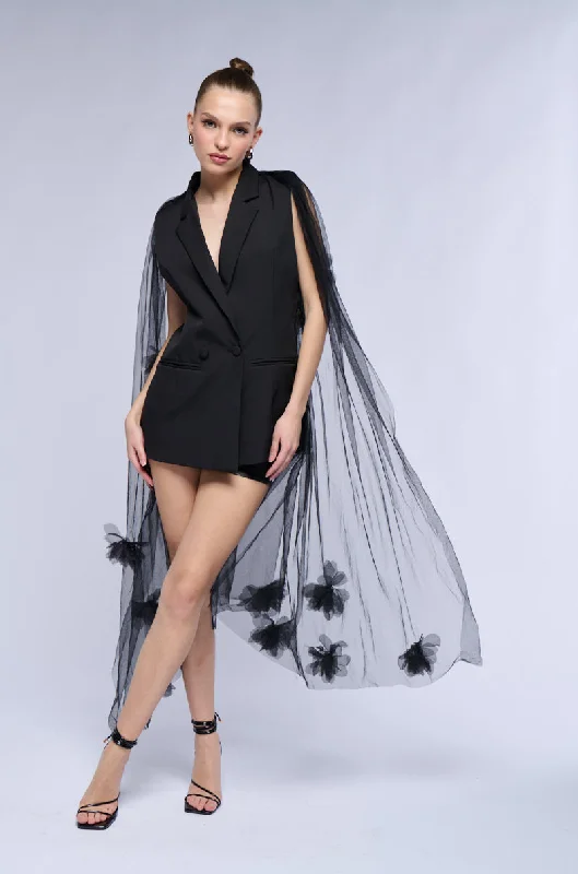 Huge Savings – Act Now!FLORAL CAPE BLAZER VEST IN BLACK
