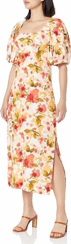 Save Like Never Before!Floral Print Pleated Puff Sleeve Midi Dress In Orange Multi