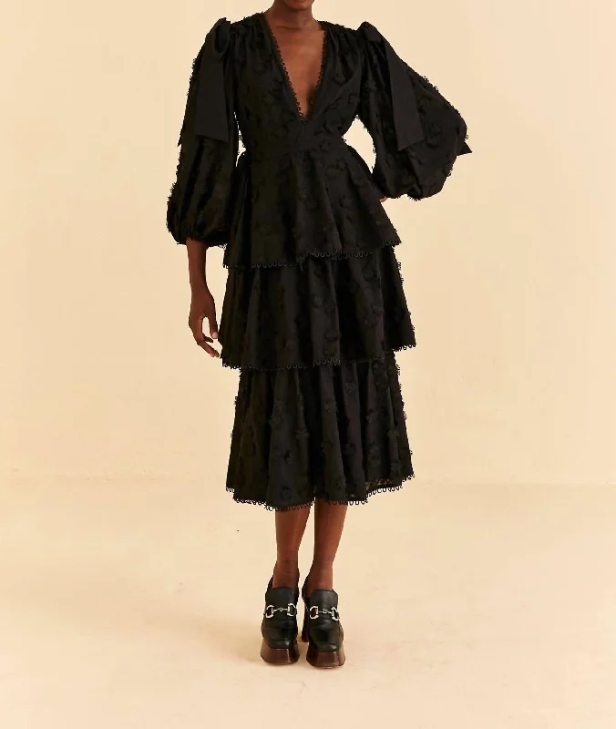 Price Drops You’ll Love!Flowers Textured Tiered Midi Dress In Black