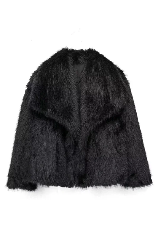 Find the Best Deals Here!Fluffy Black Turn Lapel Faux Fur Winter Coat