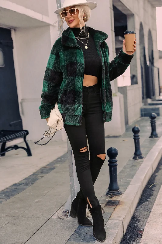 Your Chance to Save is Now!Green Plaid Zipper Fuzzy Jacket Winter Coat