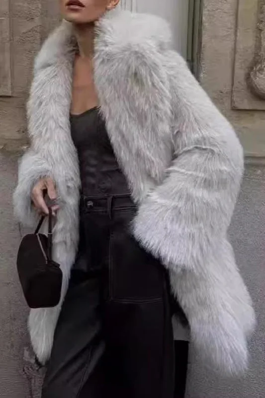 Act Fast – Limited Time Savings!Grey Faux Fur Long Sleeve Open Front Long Coat
