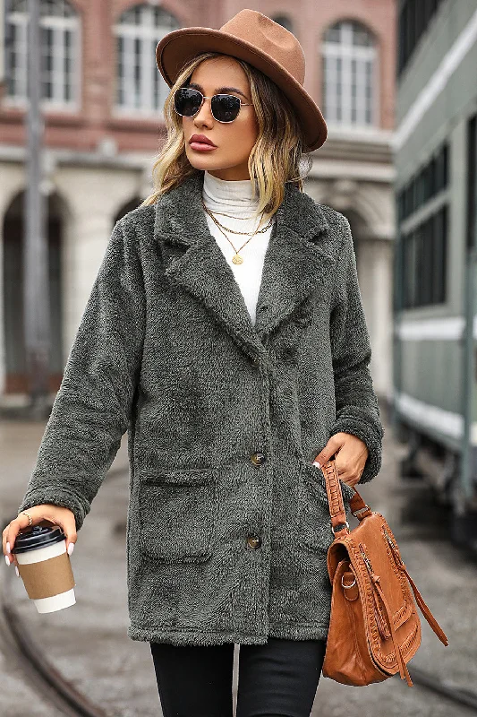 Grab Yours Before It’s Too Late!Grey Mid Length Notched Lapel Fleece Coat