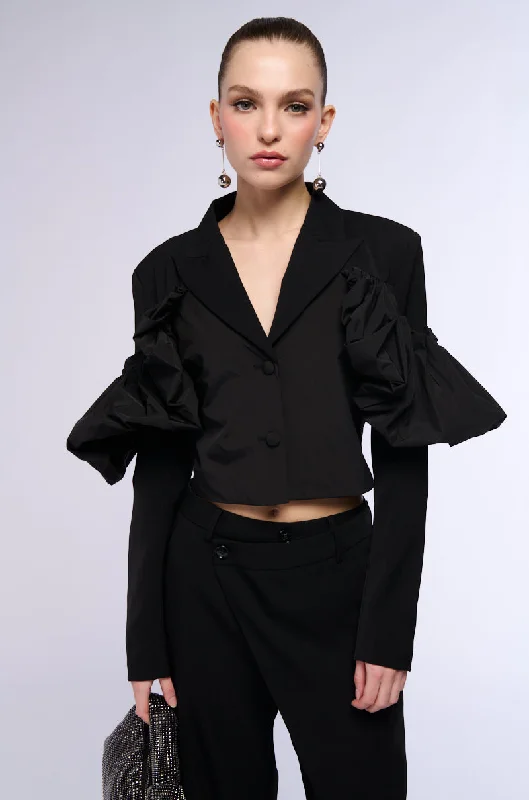 Savings You Can’t Ignore!ILLUSION OFF DRAPED SHOULDER CROP BLAZER