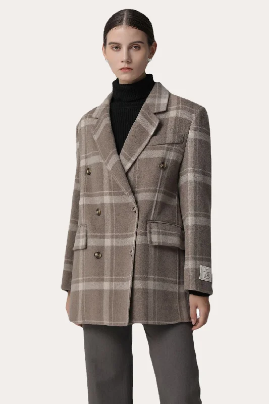 Don’t Wait – Shop Today!Khaki Plaid Notched Lapel Double Breasted Women Wool Coat