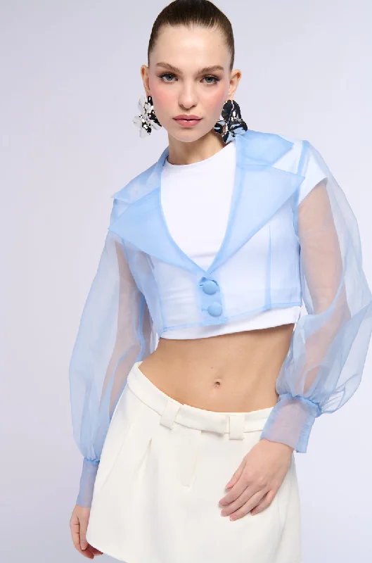 Special Offer – Act Fast!LIGHTWEIGHT MESH CROP BLAZER IN BLUE