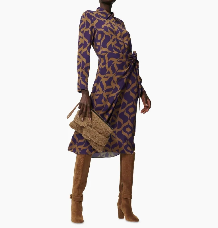 Exclusive Savings This Week!Long Sleeve Side Tie Midi Dress In Purple And Beige
