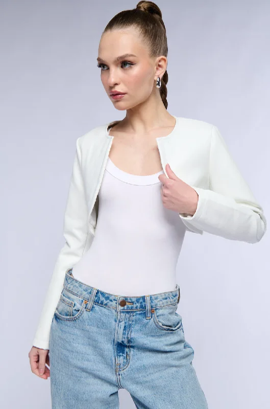 Hurry! While Supplies Last!MASTER CROP ANGLE FAUX LEATHER BLAZER IN WHITE
