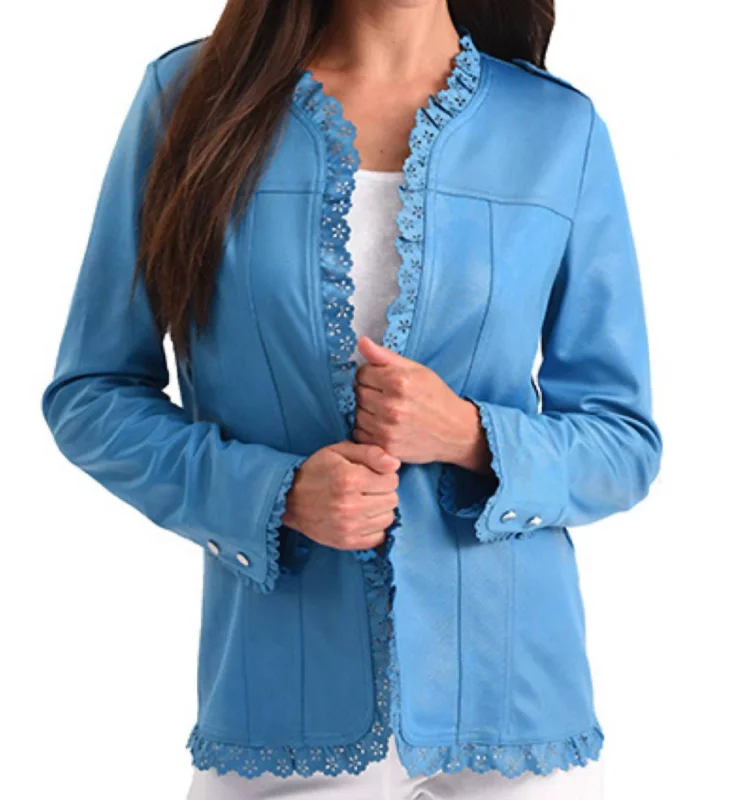 Your Favorite Sale is Back!Microfiber Leather Laser Cut Open Jacket In Turquoise