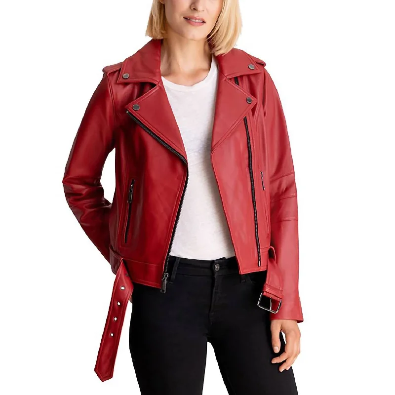 Don't Miss Out!Moto Belted Zip Up Leather Jacket In Scarlet