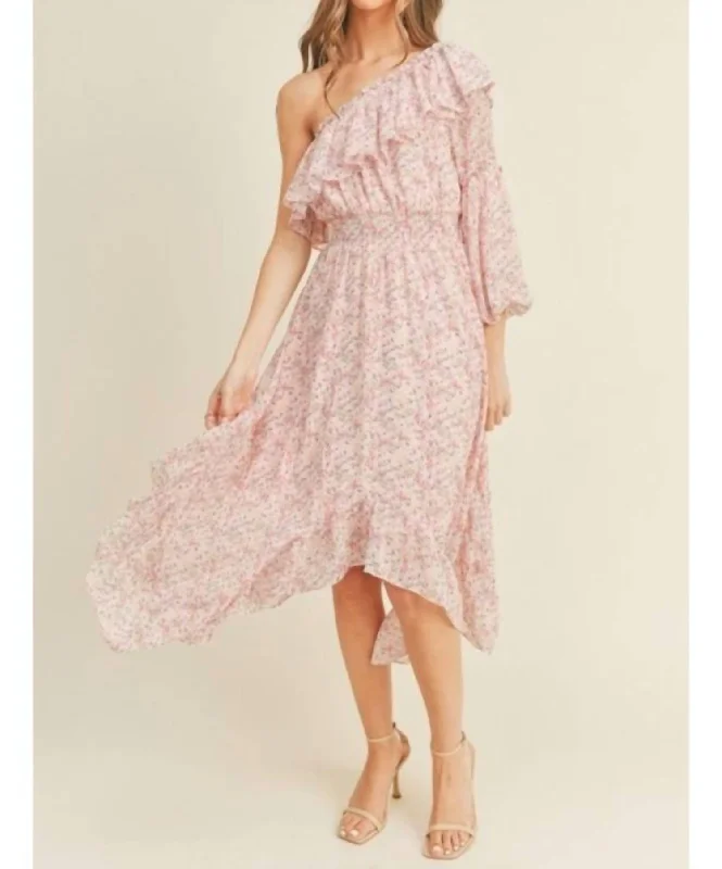 Best Price of the Season!One Shoulder Ruffle Midi Dress In Pink