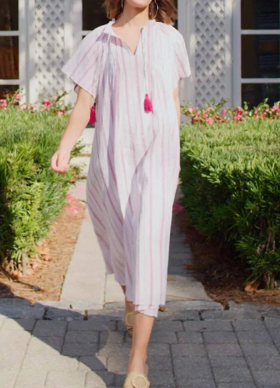 Get It Before It’s Gone!Peasant Midi Dress In Magenta Metallic Stripe
