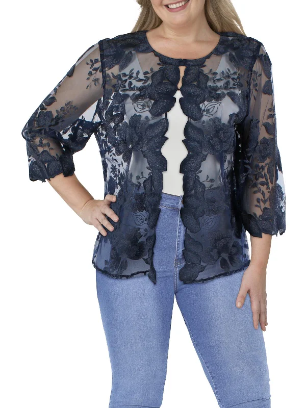 Steals and Deals Await!Plus Womens Mesh Embroidered Collarless Blazer