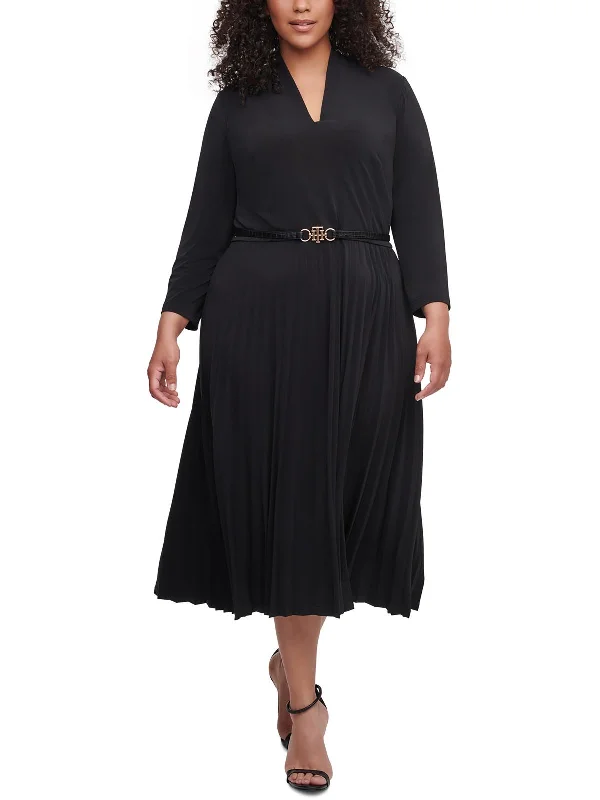 Exclusive Offers You’ll Love!Plus Womens Pleated V-Neck Midi Dress