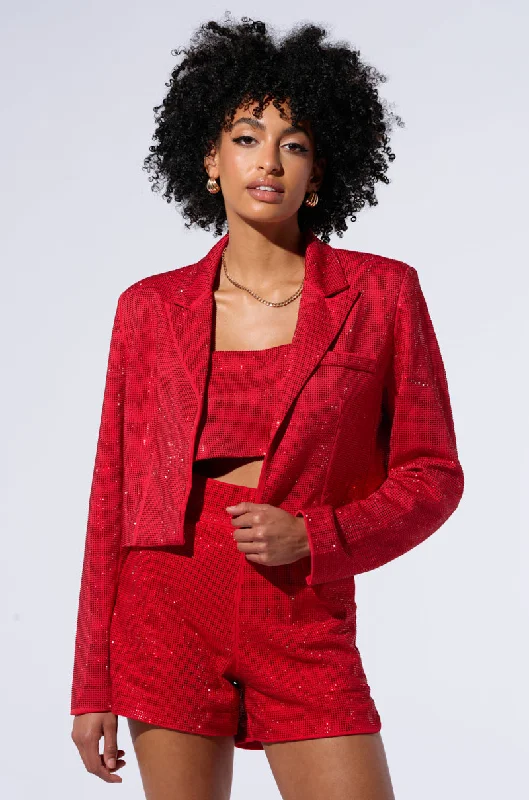 Buy One, Get One Free!POP STAR HOT FIX RHINESTONE CROPPED BLAZER IN RED