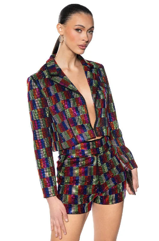 Enjoy Huge Discounts Now!POP STAR RECTANGLE PRINT RHINESTONE CROP BLAZER