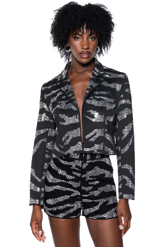 Unlock Huge Savings Now!POP STAR ZEBRA RHINESTONE CROP BLAZER