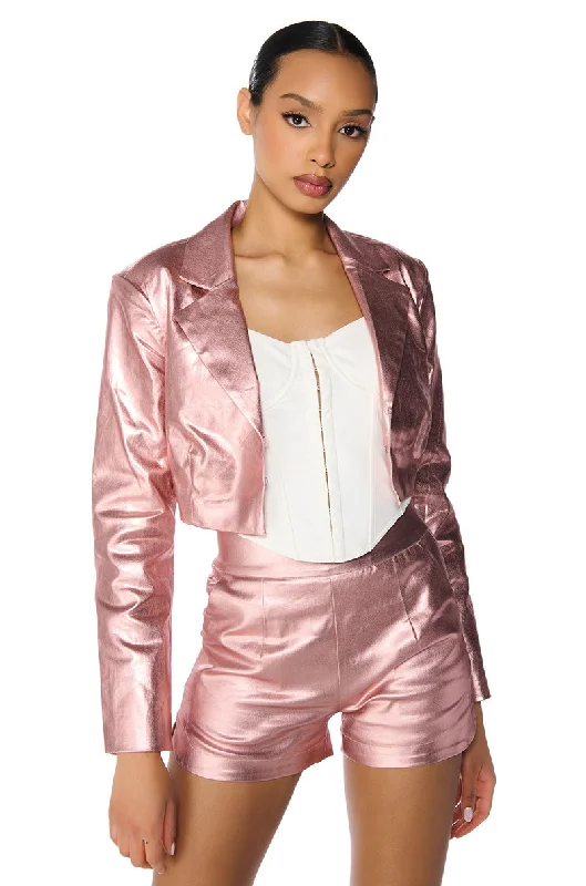 Your Shopping Wish, Our Discount Command!ROMY METALLIC CROP BLAZER