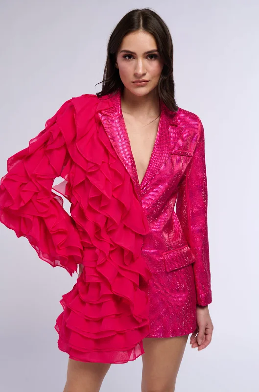 Best Price of the Season!SHAKE IT HALF AND HALF RHINESTONE RUFFLE PARTY BLAZER