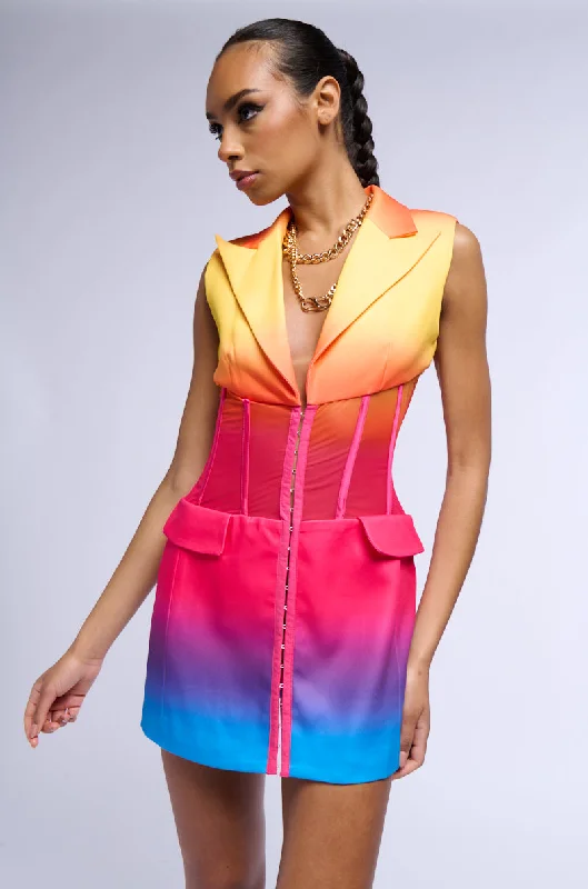 Hurry! While Supplies Last!SHERBERT OMBRE MESH CORSET SLEEVELESS BLAZER DRESS
